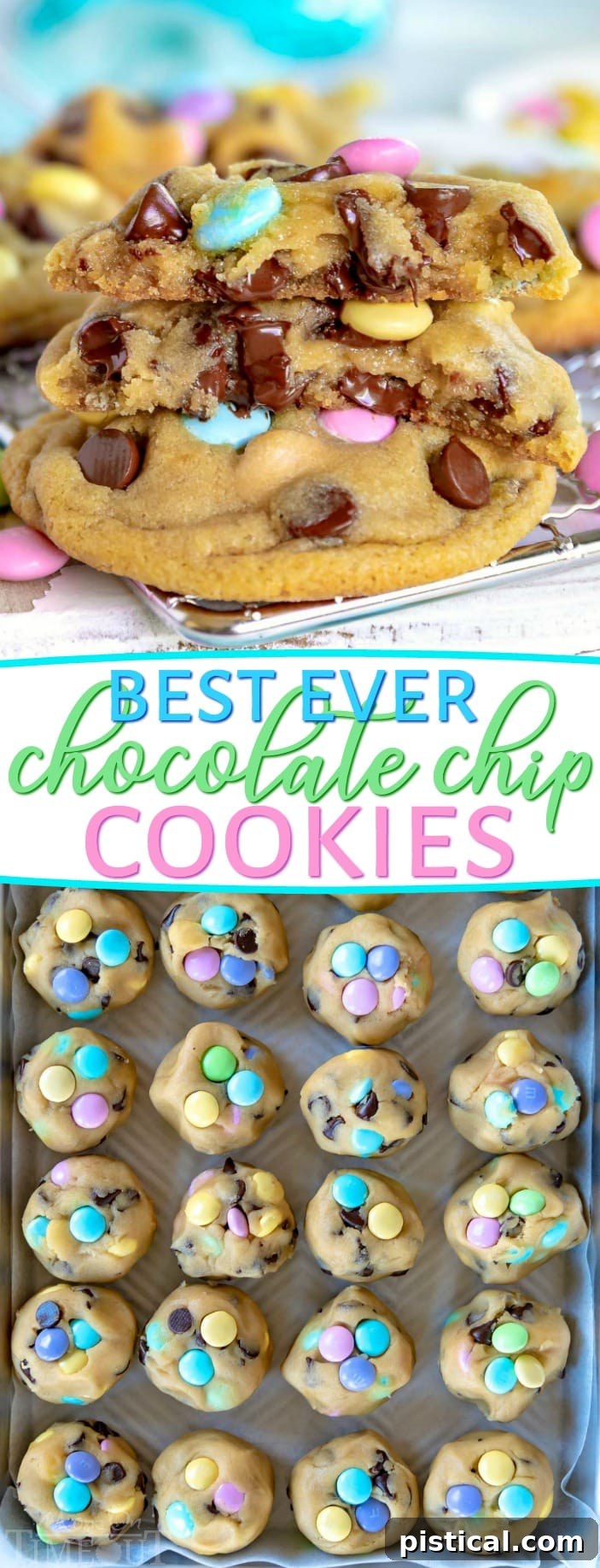 easter-chocolate-chip-cookies-collage - A collage of various shots of bakery-style chocolate chip cookies with Easter M&Ms.