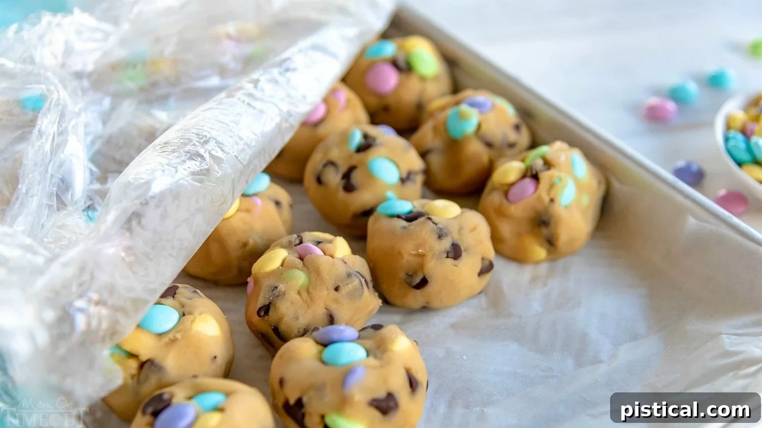 chocolate-chip-cookies-frozen-dough-balls - Balls of chocolate chip cookie dough, prepared for freezing to achieve a thicker, chewier cookie.
