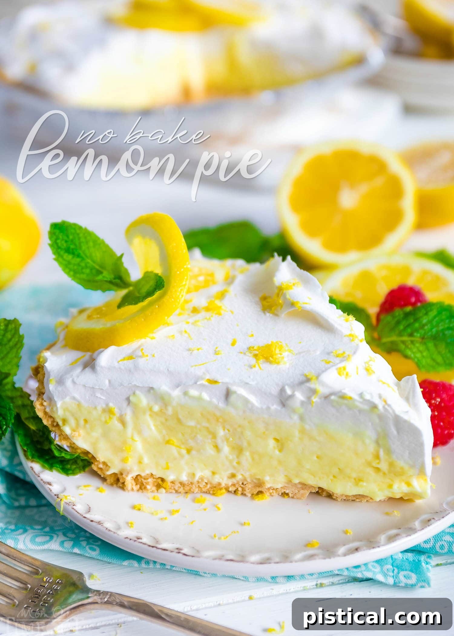 A vibrant No Bake Lemon Pie garnished with a fresh lemon slice and a sprig of mint, highlighting its creamy texture and bright color.