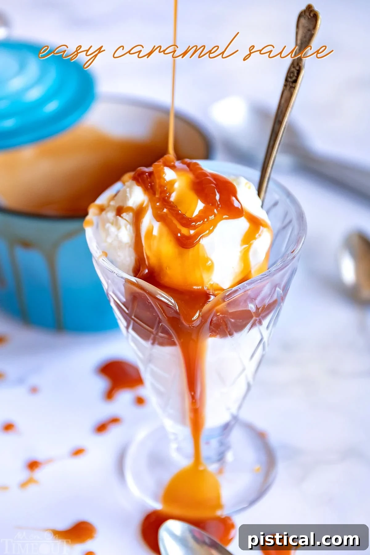 Homemade caramel sauce drizzled over vanilla ice cream in a dish
