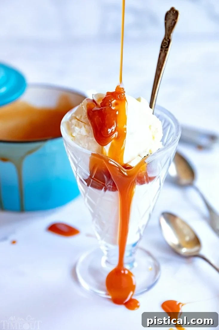 Delicious salted caramel sauce being drizzled over ice cream