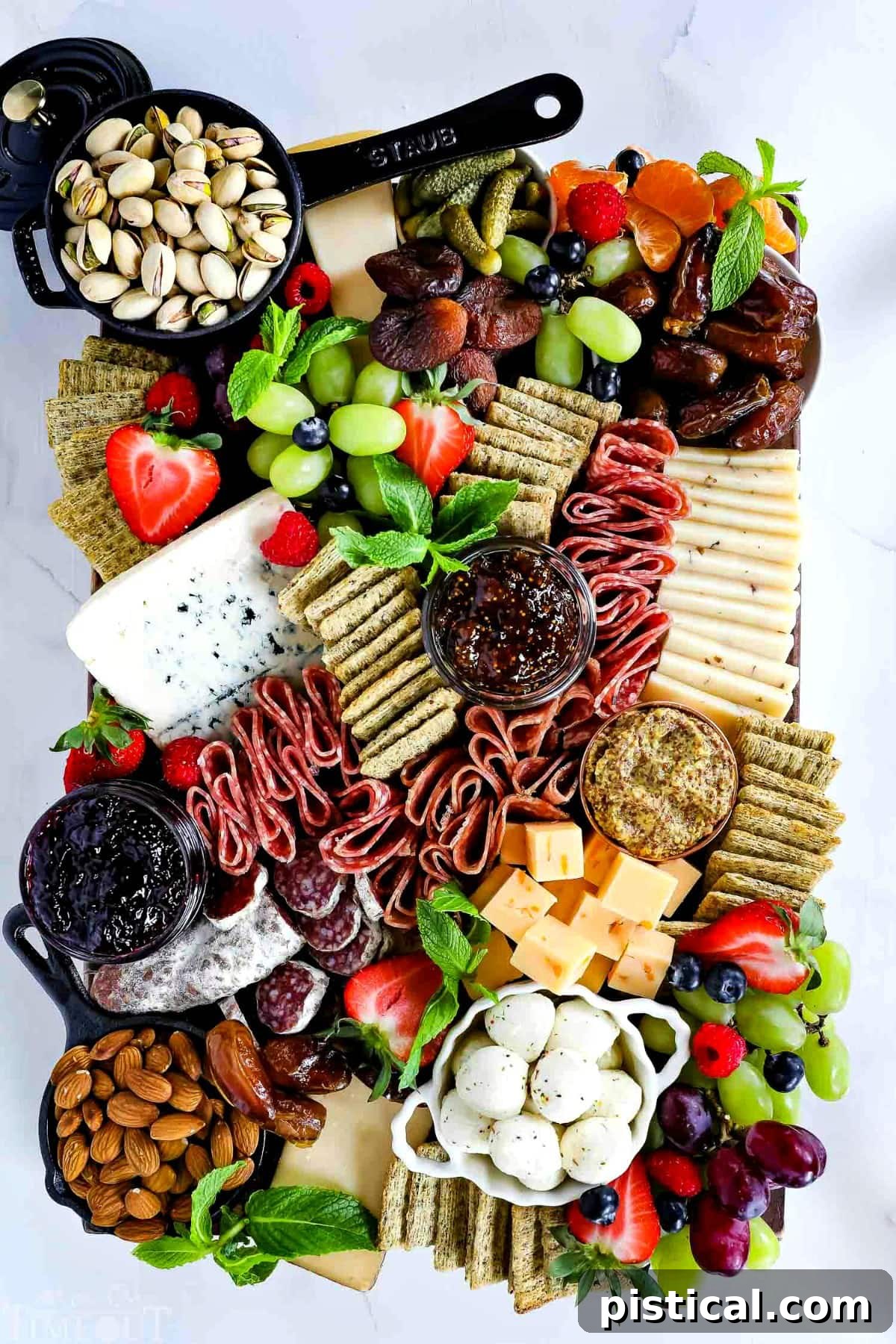 A well-stocked charcuterie board with diverse elements, ready for guests. Charcuterie board featuring bowls of fruit, various cheeses, salami, nuts, and crackers.
