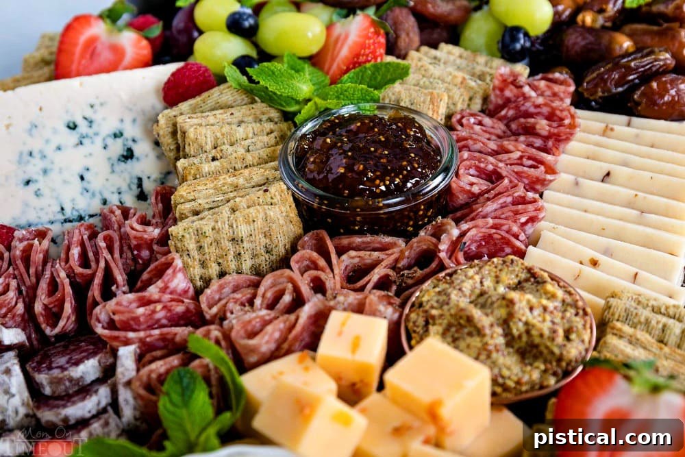 Intricate details of cured meats and condiments on a charcuterie board. Close-up of a charcuterie board showing folded salami slices and bowls with dips.