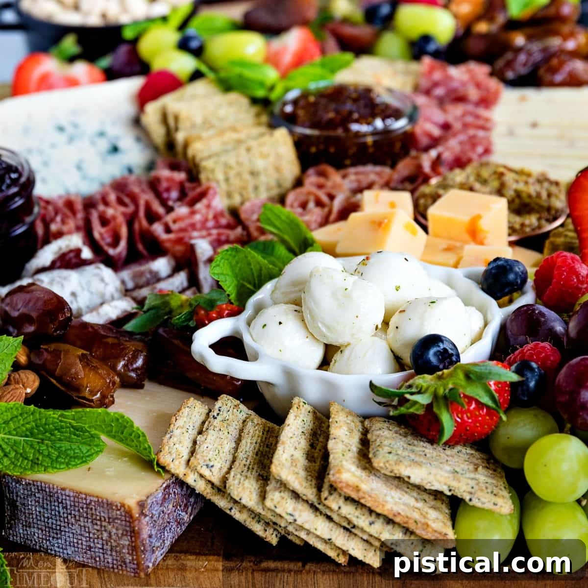 Colorful and diverse charcuterie board elements arranged for enjoyment. A vibrant charcuterie board featuring Triscuit crackers, mozzarella balls, dates, and grapes.