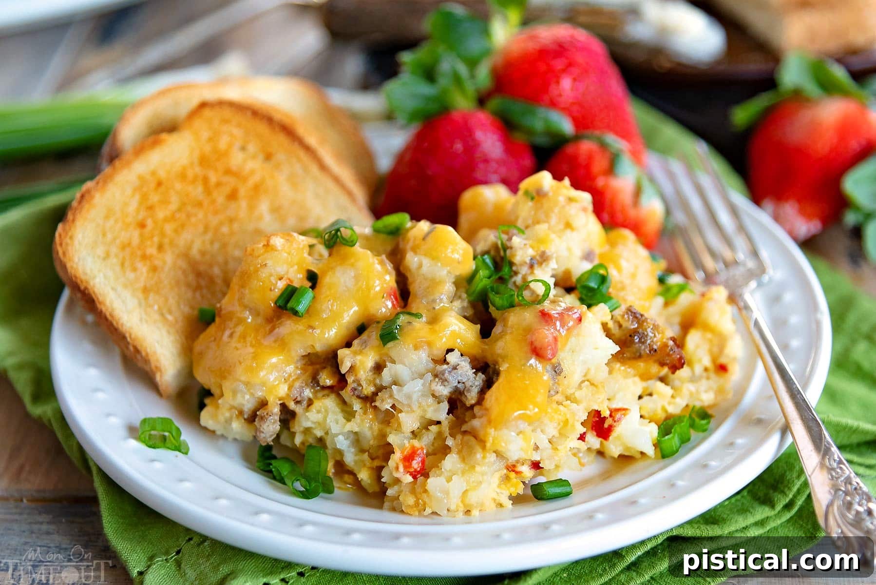 Perfectly cooked Slow Cooker Tater Tot Breakfast Casserole, ready for a delicious start to the day. A wide shot of the Slow Cooker Tater Tot Breakfast Casserole ready to be served, showing its golden-brown top and hearty layers.
