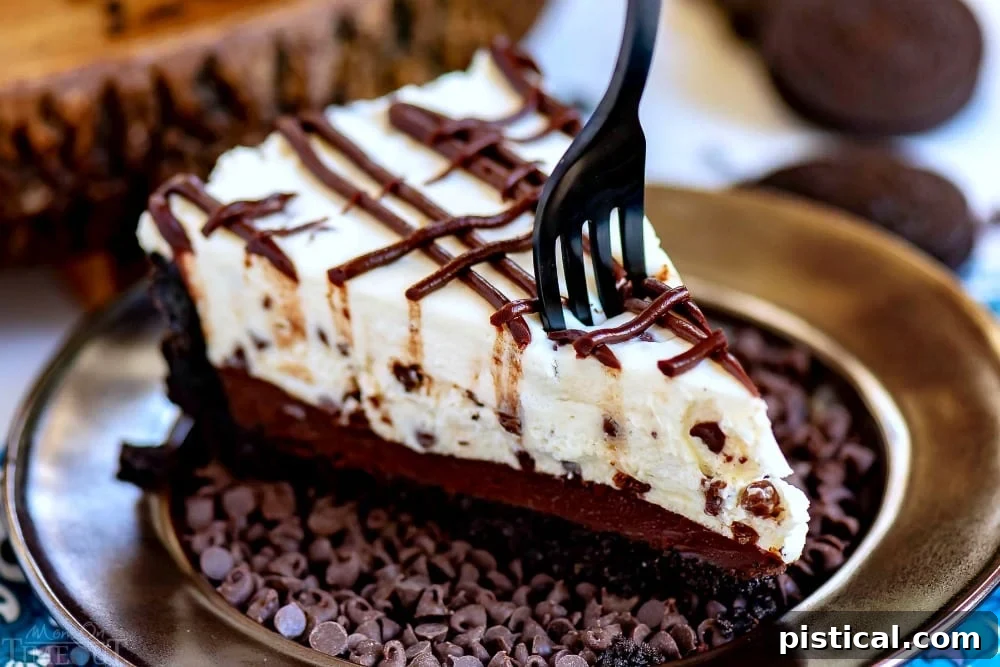Enjoy a slice of the best No-Bake Cheesecake, featuring a rich ganache and creamy filling. A perfectly sliced No-Bake Chocolate Chip Cheesecake on a white plate with a fork, showing its creamy texture and sturdy layers.
