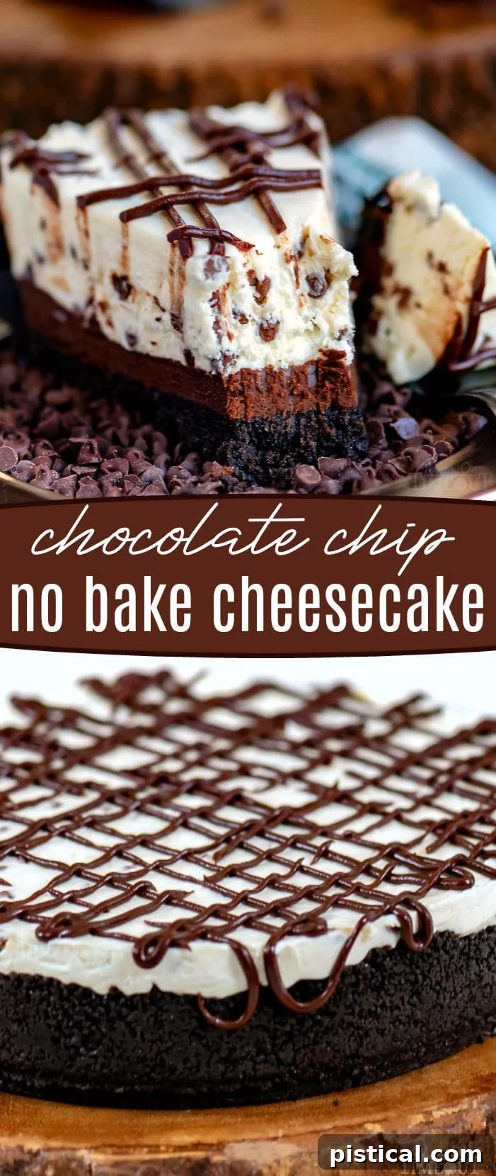 Watch how to make this easy No-Bake Chocolate Chip Cheesecake step-by-step. Video thumbnail for Chocolate Chip No-Bake Cheesecake recipe, showing a delicious slice.