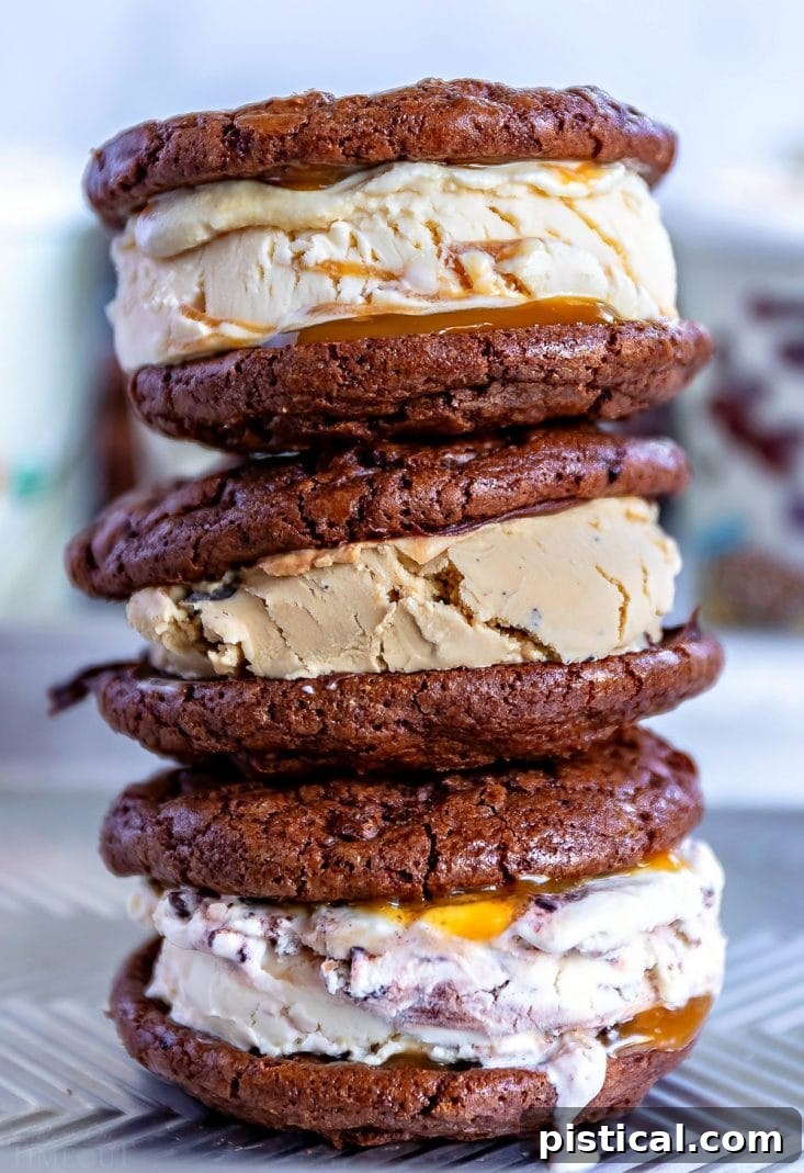 A tall stack of gourmet homemade ice cream sandwiches