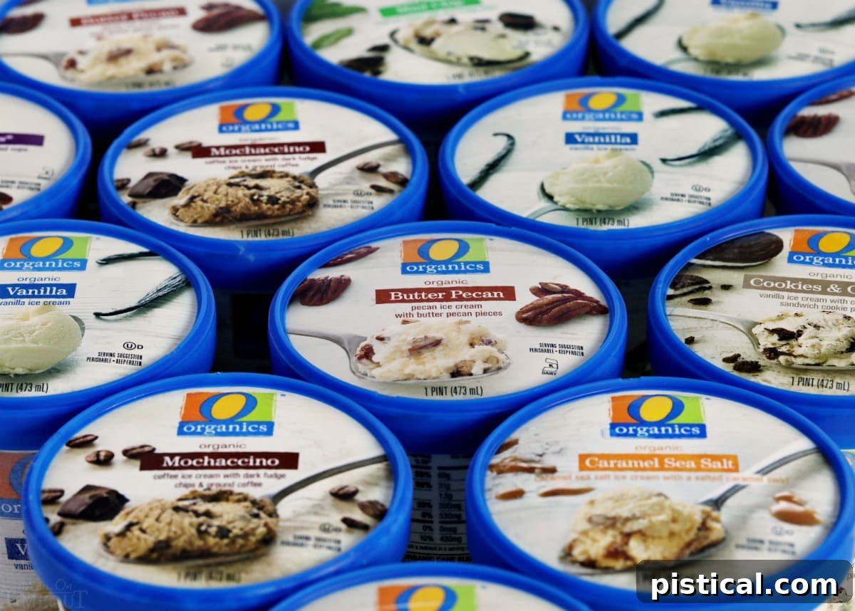 O Organics ice cream pints displayed from an aerial view