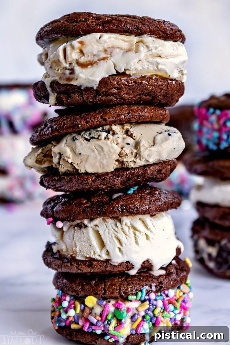 Stack of cookie ice cream sandwiches adorned with colorful sprinkles