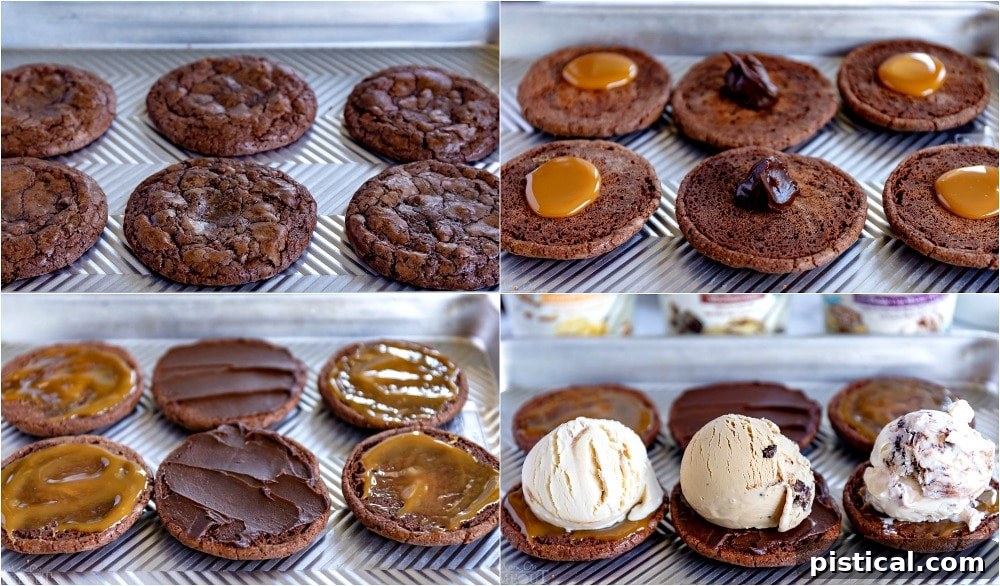 Caramel sauce being spread on a brownie cookie for an ice cream sandwich