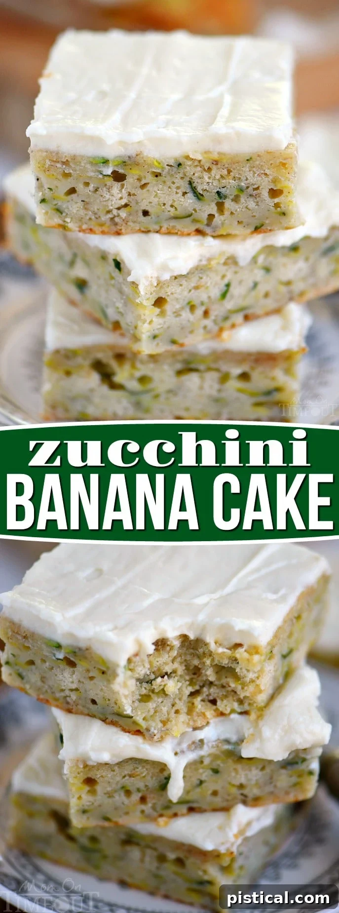 A collage featuring different angles of the Zucchini Banana Cake, including a whole cake, sliced pieces, and close-ups of the frosting.