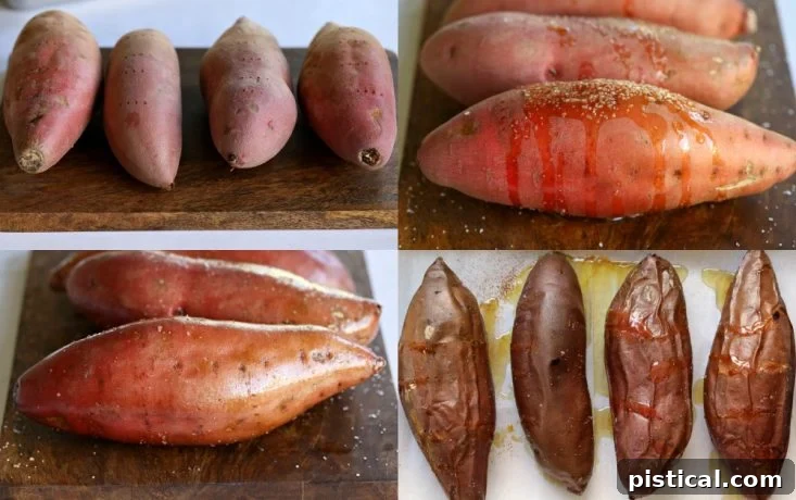 Collage of steps for baking sweet potatoes including piercing, oiling, and baking.