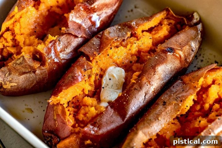 Oven-baked sweet potatoes in a baking dish, served with butter, salt, and pepper.