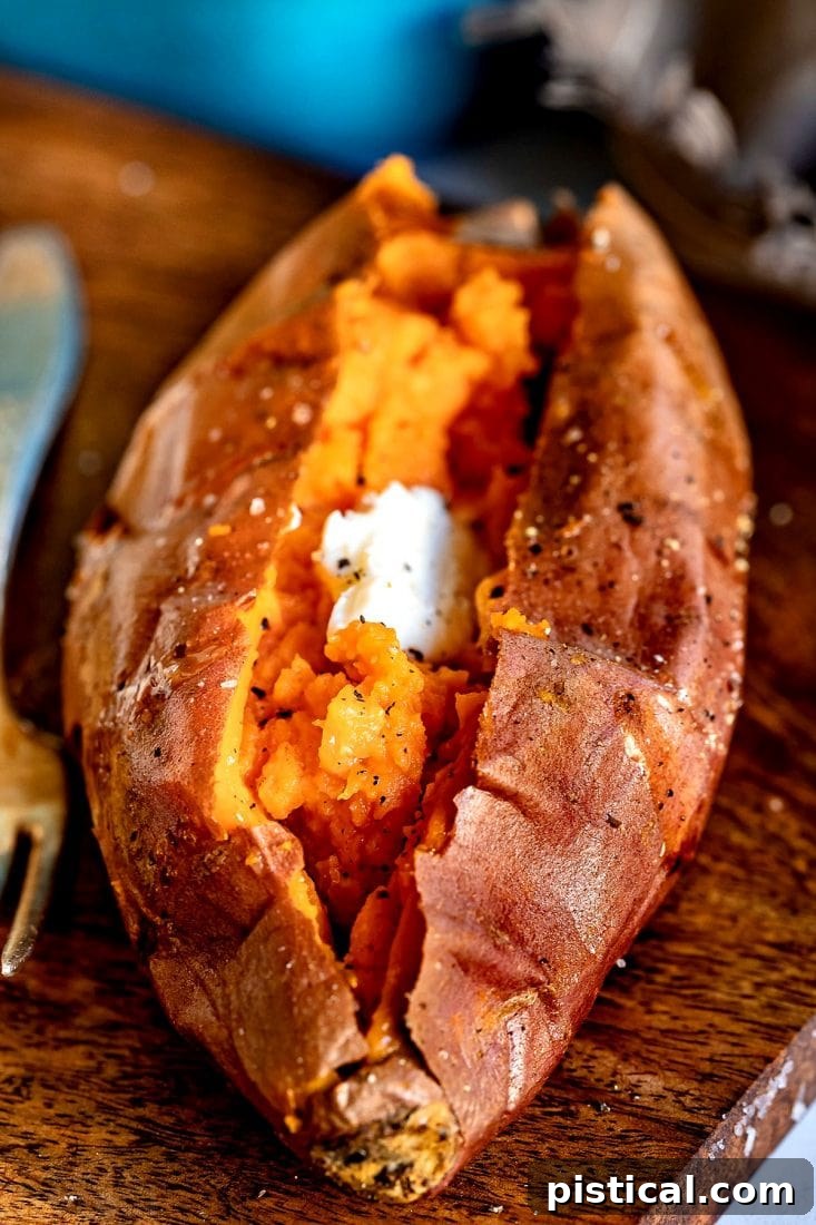 A perfectly baked sweet potato recipe presented on a rustic cutting board.