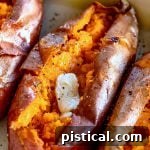 Best baked sweet potatoes with crispy skin and fluffy interior, garnished.