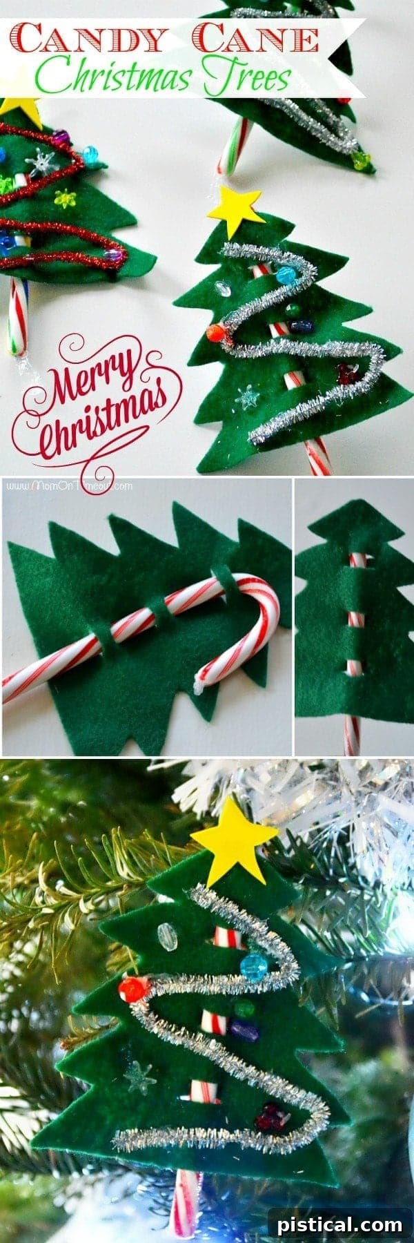Close-up detail of a charming handmade Candy Cane Christmas Tree with green felt, a yellow star, and colorful bead decorations.