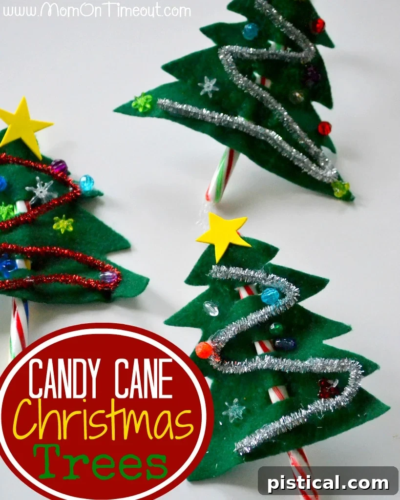 A finished Candy Cane Christmas Tree craft, showcasing the candy cane as the trunk and the felt tree as the foliage, ready for display.