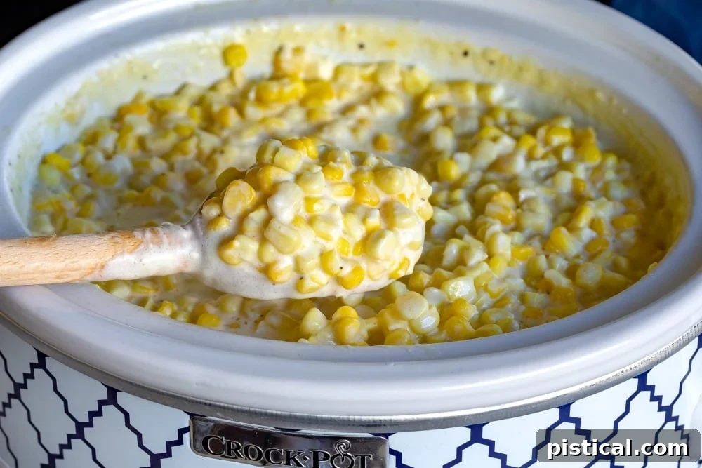 Slow cooker filled with creamy corn mixture, showcasing the easy preparation for this popular side dish.