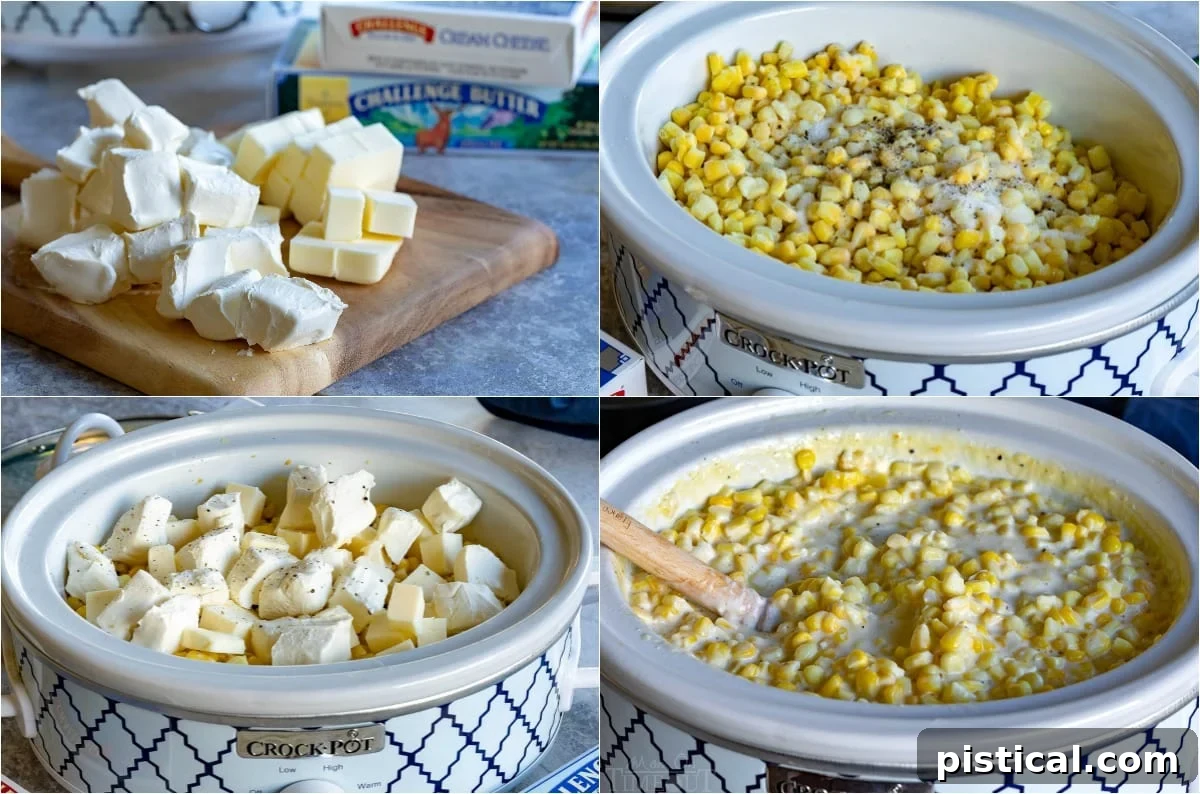 A step-by-step visual of ingredients melting in a saucepan for stovetop creamed corn, showing cream cheese, butter, and half and half.