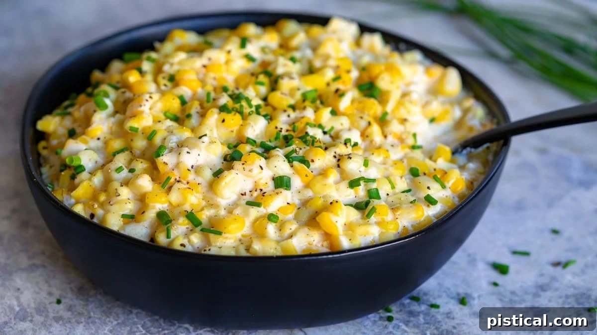 A large serving bowl filled with cream style corn, garnished generously with snipped fresh chives, ready to be served.