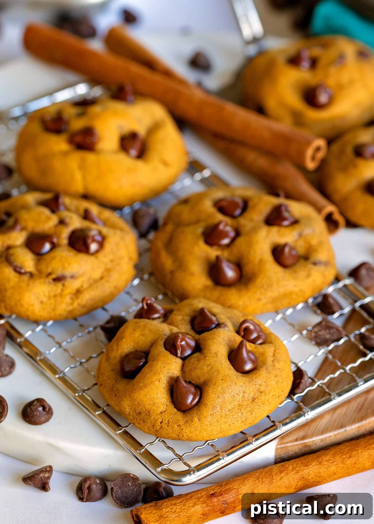 These Pumpkin Chocolate Chip Cookies are soft and chewy with loads of pumpkin flavor! Pumpkin pie spice and pumpkin puree work together to create an amazing pumpkin chocolate chip cookie recipe that's just perfect for the holidays! // Mom On Timeout #pumpkinchocolatechipcookies #pumpkin #chocolatechipcookies #cookies #baking #fall #holidays #thanksgiving #christmas Four pumpkin chocolate chip cookies sitting on a wire rack with cinnamon sticks and chocolate chips scattered near them, evoking a warm, autumnal feeling.