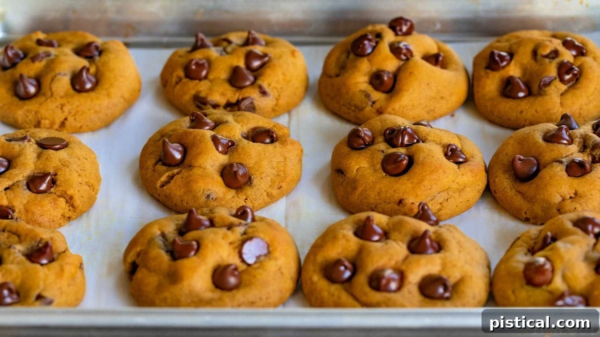 These Pumpkin Chocolate Chip Cookies are soft and chewy with loads of pumpkin flavor! Pumpkin pie spice and pumpkin puree work together to create an amazing pumpkin chocolate chip cookie recipe that's just perfect for the holidays! // Mom On Timeout #pumpkinchocolatechipcookies #pumpkin #chocolatechipcookies #cookies #baking #fall #holidays #thanksgiving #christmas Baked pumpkin chocolate chip cookies on a quarter sheet pan, showcasing their golden-brown edges and soft centers.
