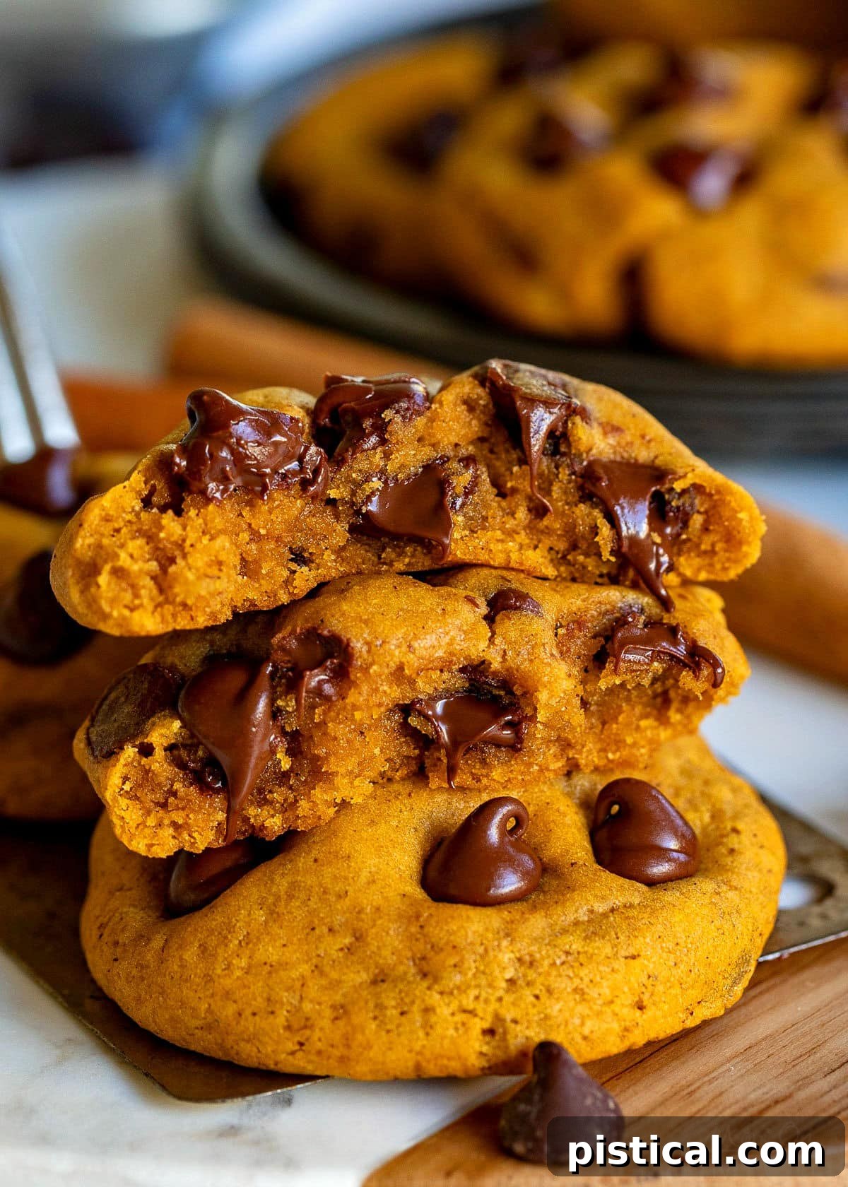 These Pumpkin Chocolate Chip Cookies are soft and chewy with loads of pumpkin flavor! Pumpkin pie spice and pumpkin puree work together to create an amazing pumpkin chocolate chip cookie recipe that's just perfect for the holidays! // Mom On Timeout #pumpkinchocolatechipcookies #pumpkin #chocolatechipcookies #cookies #baking #fall #holidays #thanksgiving #christmas Two pumpkin chocolate chip cookies, with one split in half and stacked on the other, revealing still-melty chocolate chips.
