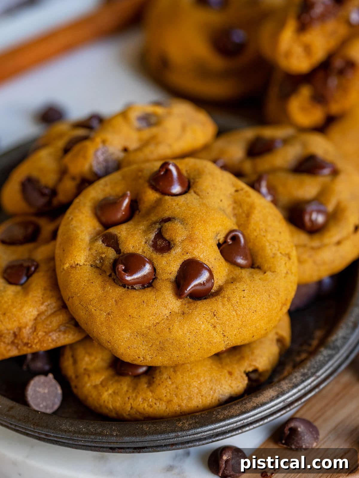 These Pumpkin Chocolate Chip Cookies are soft and chewy with loads of pumpkin flavor! Pumpkin pie spice and pumpkin puree work together to create an amazing pumpkin chocolate chip cookie recipe that's just perfect for the holidays! // Mom On Timeout #pumpkinchocolatechipcookies #pumpkin #chocolatechipcookies #cookies #baking #fall #holidays #thanksgiving #christmas Whole pumpkin cookies sitting on a metal tray, made with chocolate chips, ready to be enjoyed.