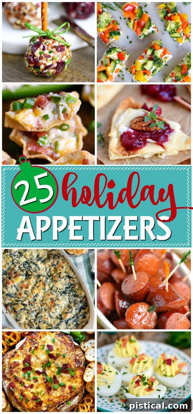 A festive collage of various holiday appetizer recipes, showcasing a diverse range of delicious and easy-to-make party foods for Christmas and Thanksgiving.
