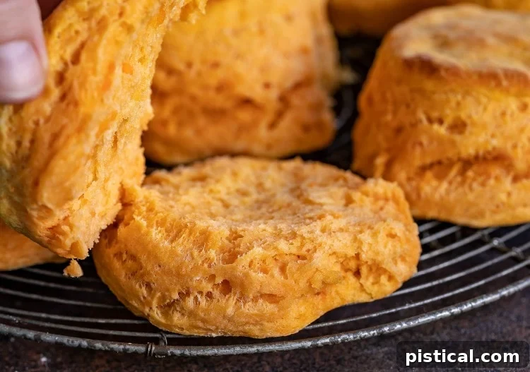 Sweet potato biscuits split open, showcasing their soft interior, on a cooling rack.