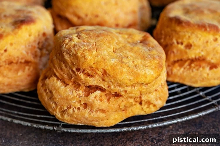 Whole sweet potato biscuits arranged neatly on a cooling rack, freshly baked.