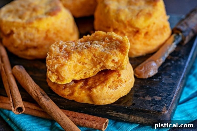 Sweet potato biscuits split open, revealing a generous smear of brown sugar butter.