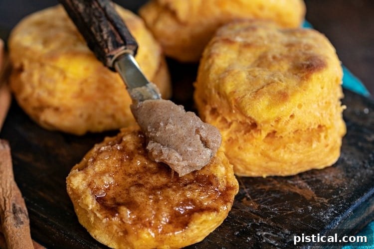 Sweet potato biscuit being buttered with brown sugar cinnamon butter on a wooden board