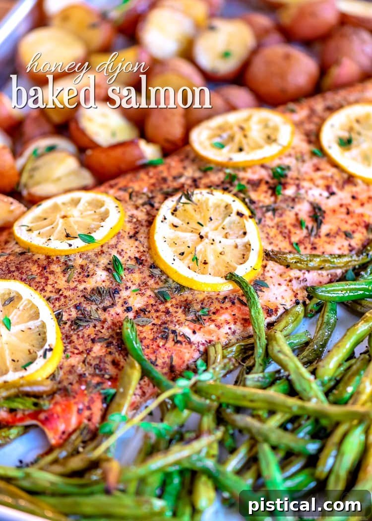 baked salmon recipe on sheet pan with title green beans and potatoes