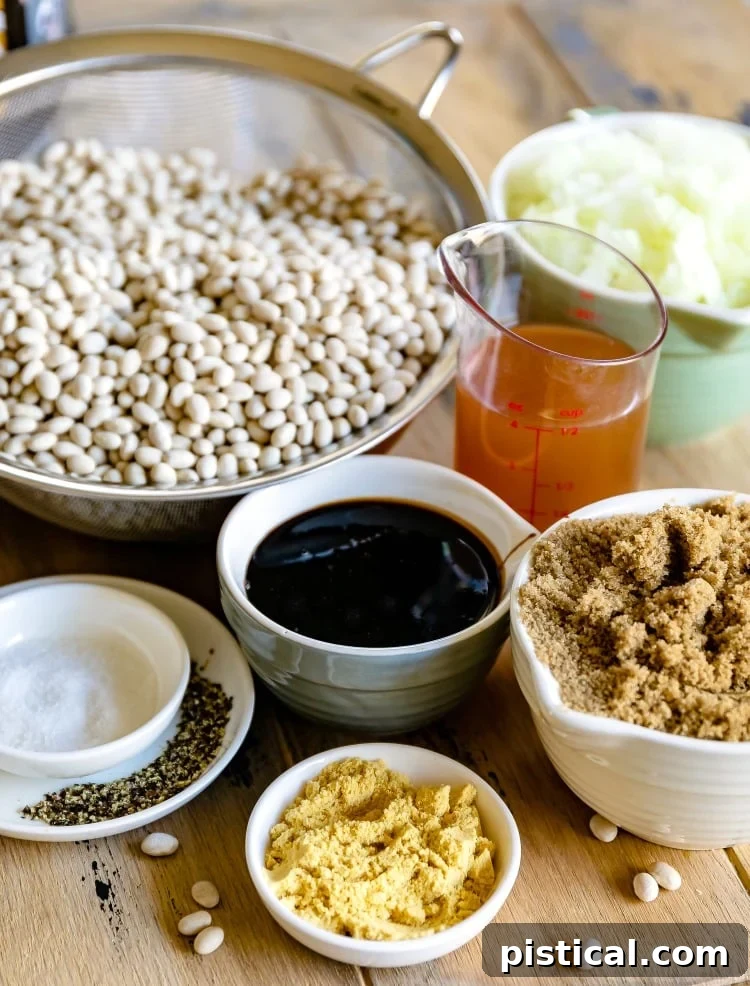 All the fresh ingredients for crockpot baked beans laid out in small bowls, ready for preparation.