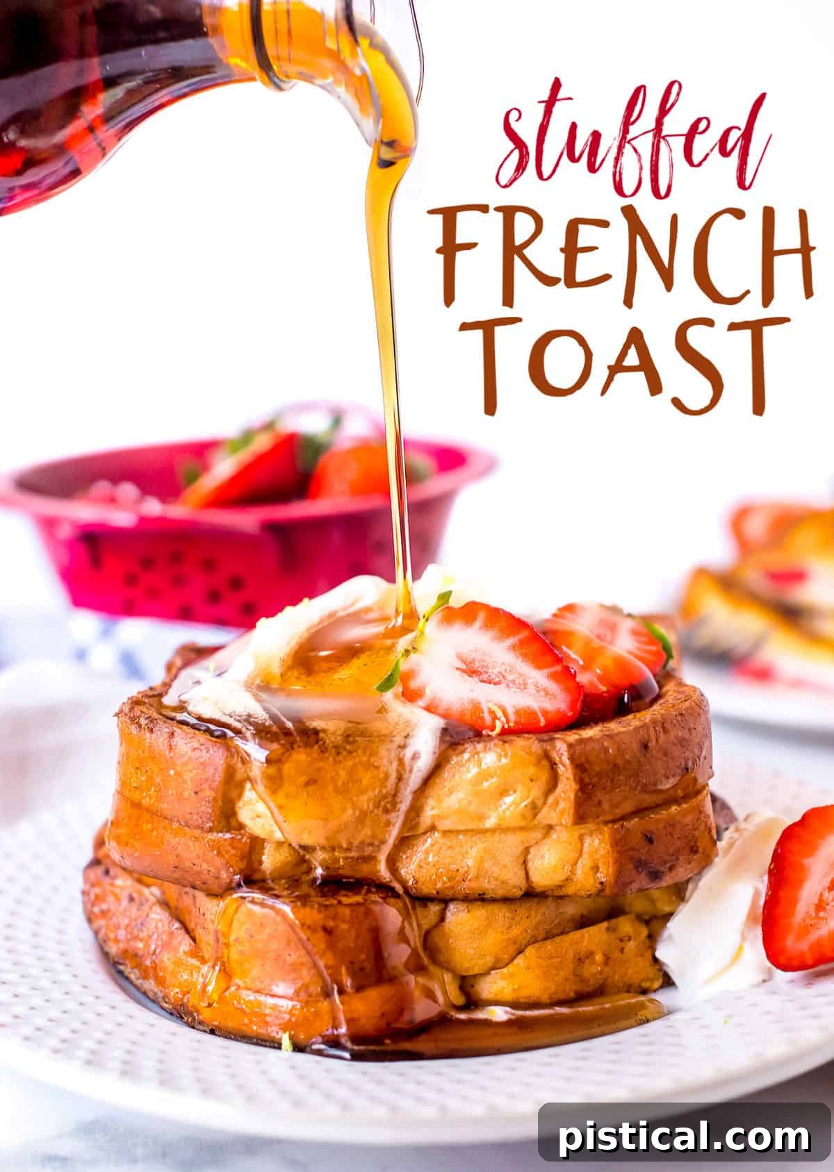Delicious Stuffed French Toast with cream cheese and strawberries, served with syrup on a plate, perfect for brunch.