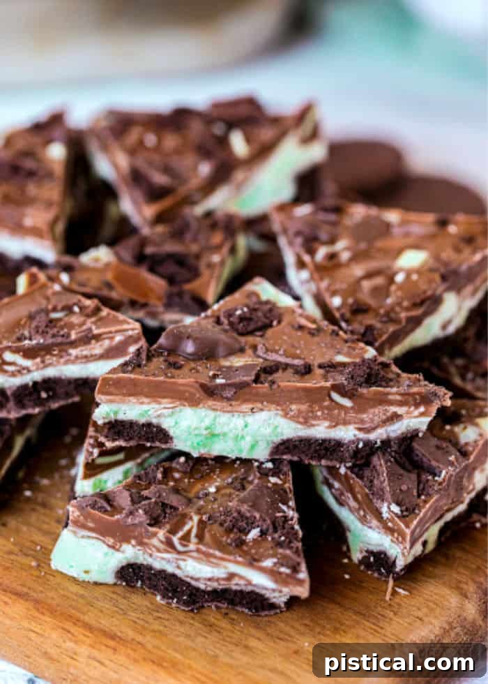 Close-up of Mint Chocolate Bark showing layers and swirls