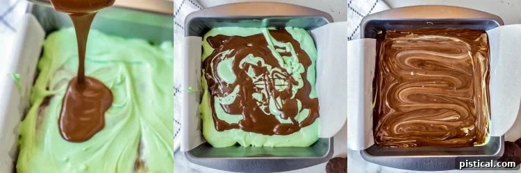 Collage of steps to make mint chocolate bark: pouring melted Andes mints, swirling, adding crushed toppings