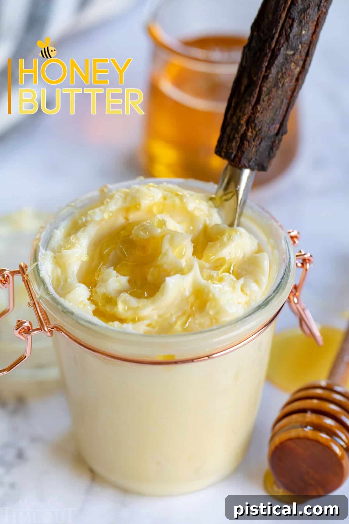 The BEST Honey Butter is ridiculously easy to make and tastes amazing! With just 4 ingredients, this homemade honey butter recipe is perfectly sweet and creamy and is incredible smeared on cornbread, biscuits and homemade dinner rolls! easy honey butter recipe in a glass jar with honey drizzled on top