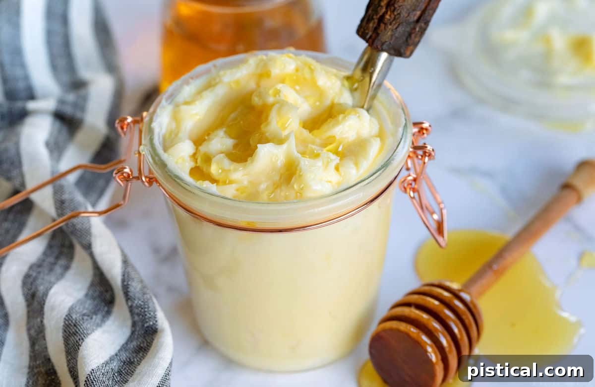 Irresistible Honey Butter 2 easy honey butter recipe in glass jar with black and white towl