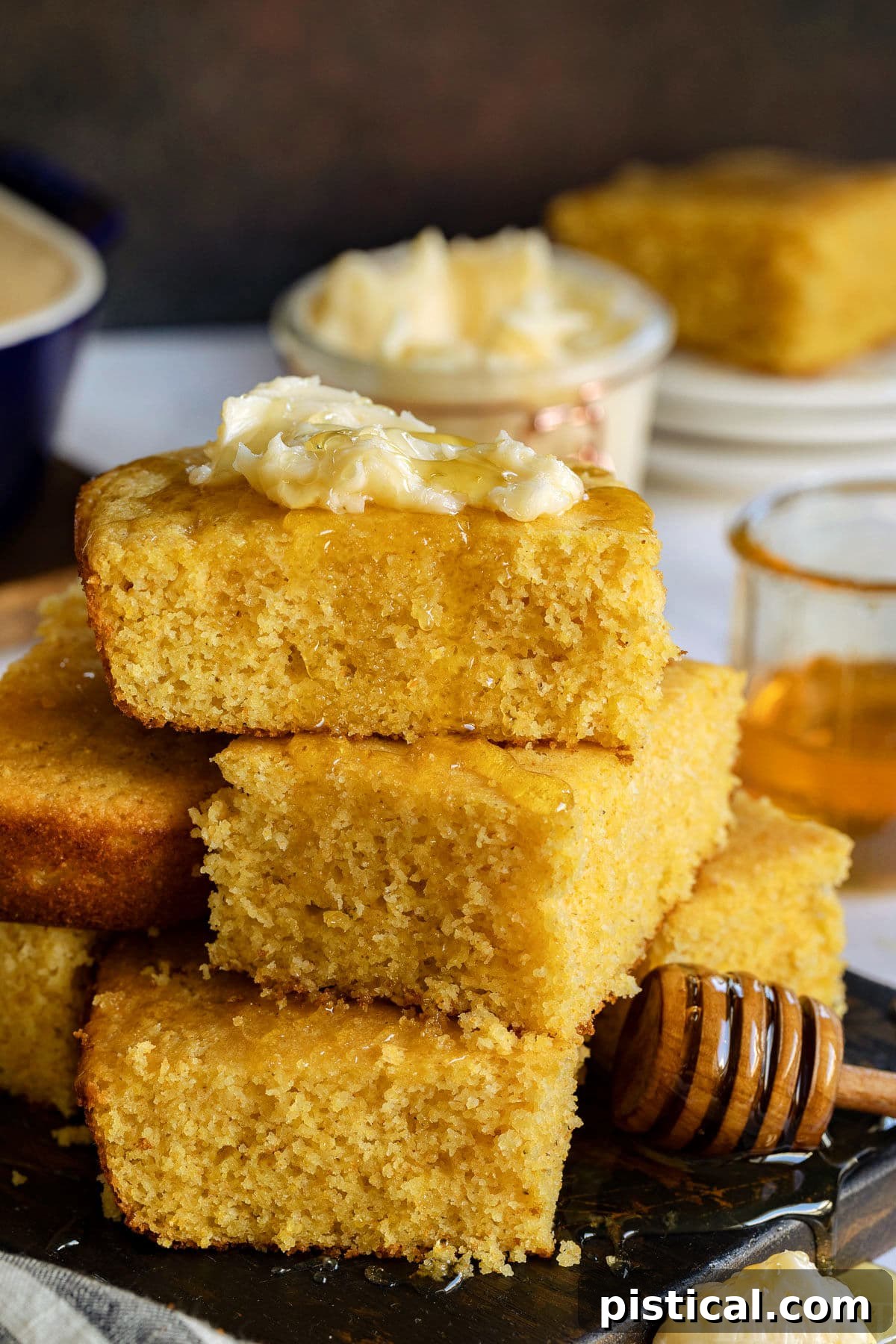 The BEST Honey Butter is ridiculously easy to make and tastes amazing! With just 4 ingredients, this homemade honey butter recipe is perfectly sweet and creamy and is incredible smeared on cornbread, biscuits and homemade dinner rolls! cornbread recipe stacked with honey drizzling and butter
