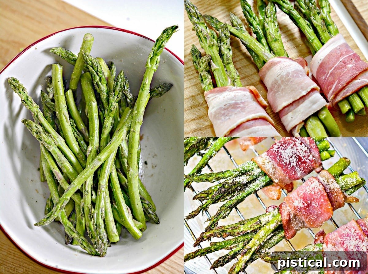 Step-by-step image of how to make bacon wrapped asparagus, showing the bundles ready for cooking.