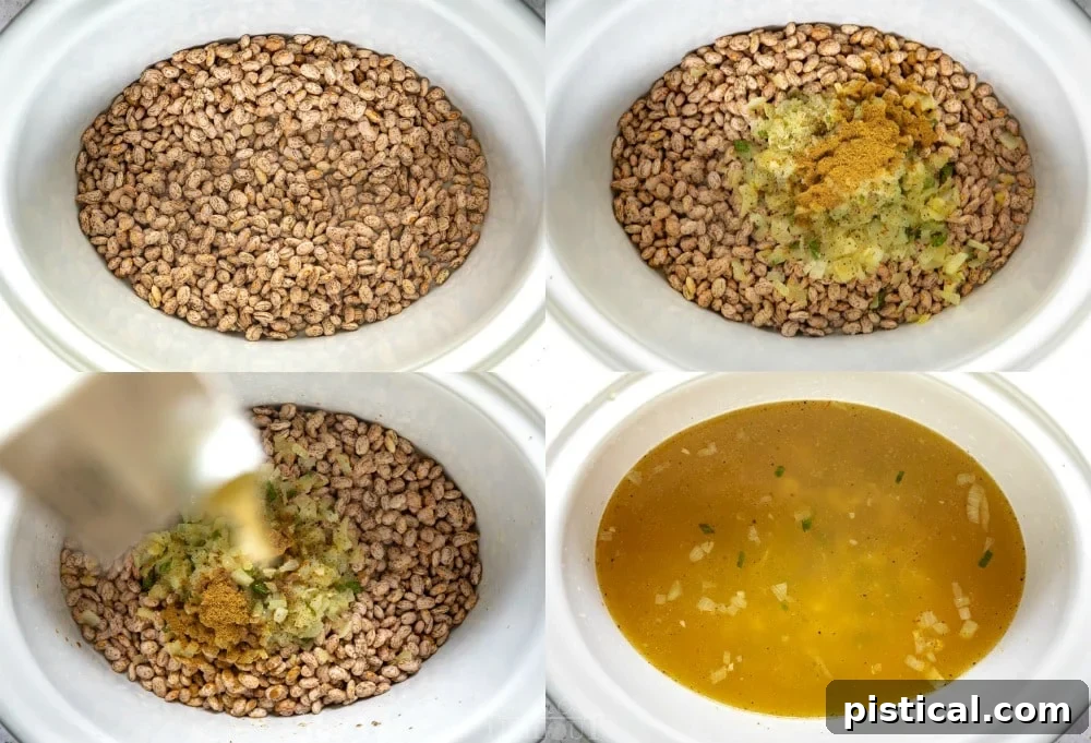 How to cook beans in a crock pot, step by step, shown in a white crock pot