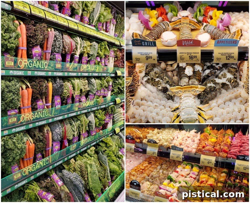 safeway store 3 photo collage of produce seafood case and meat counter square