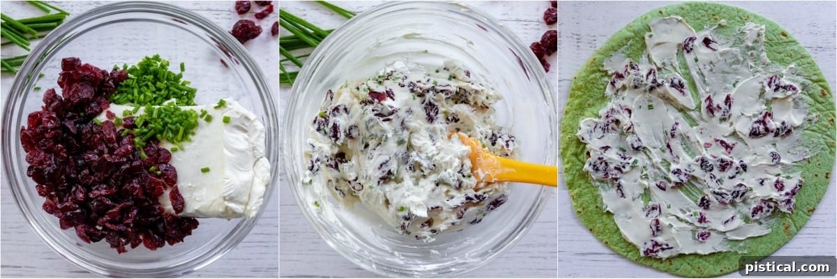 3 photo image of how to make cranberry cream cheese mixture for turkey pinwheels