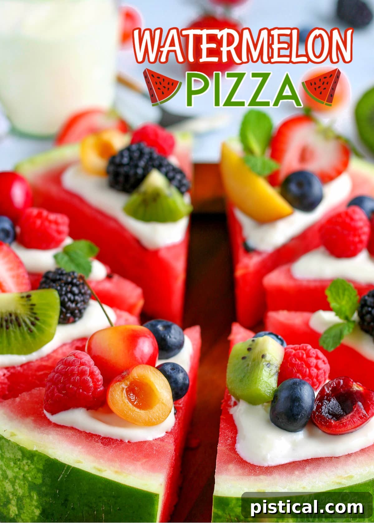 Vibrant watermelon pizza topped with creamy frosting and an array of fresh fruit, with text overlay for a summer recipe idea.