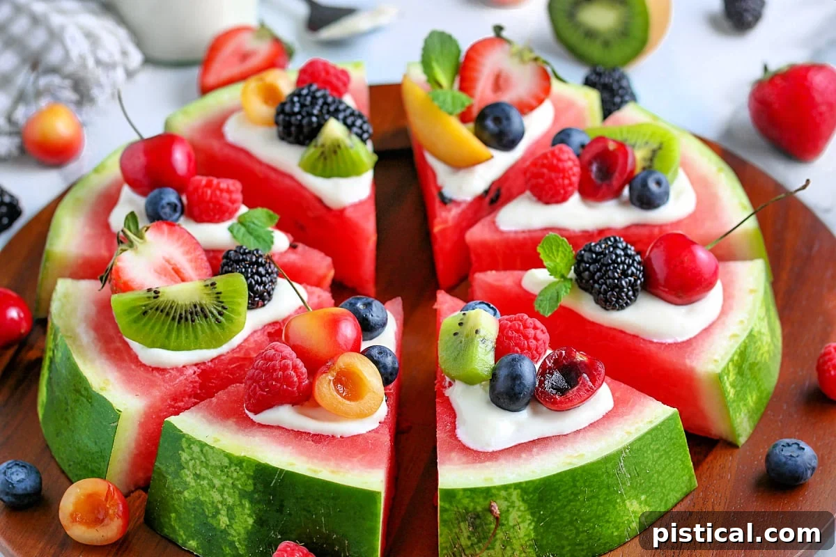 A beautifully arranged watermelon pizza recipe featuring a variety of fresh fruit toppings, neatly cut into wedges and presented on a wooden board, ready to serve.