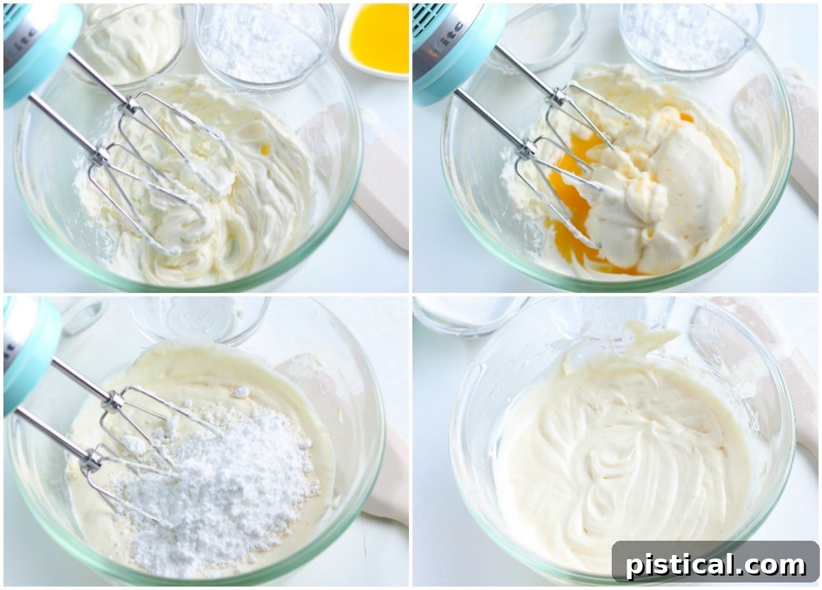 A four-image collage showcasing the step-by-step preparation of the creamy cream cheese frosting for watermelon pizza, highlighting its smooth texture.