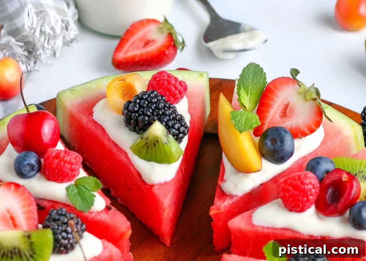 Individual wedges of a delicious watermelon pizza recipe, generously topped with a creamy glaze and an assortment of fresh fruits, arranged on a rustic wooden cutting board, ready for serving.